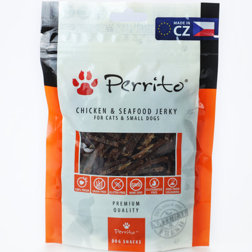 Recompense pentru pisici Perrito Cat Chicken&Seafood Jerky 100g