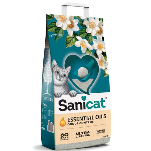 Așternut pentru pisici Sanicat Essential Oils White, cu parfum de iasomie - 10 kg