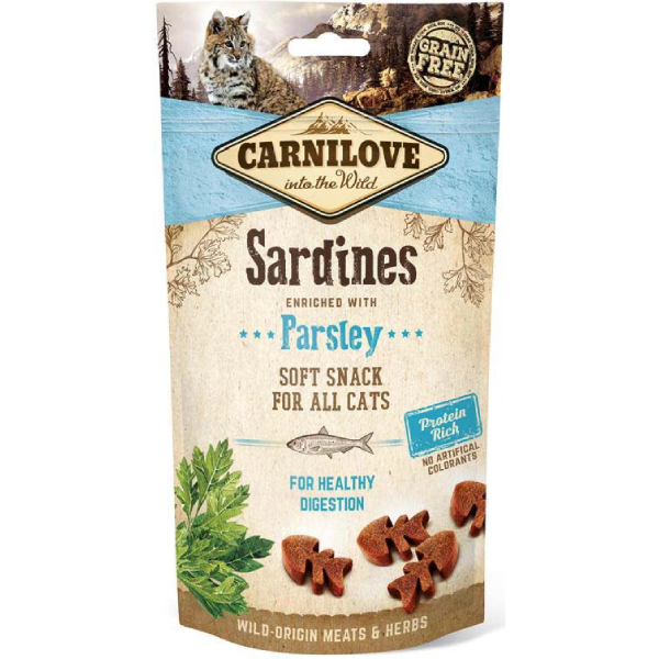 Recompense pentru pisici Carnilove Cat Semi-moist Sardine si patrunjel 50g