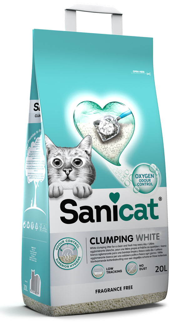 SANICAT Clumping White, Nisip pentru pisici, fara aroma, 20L/18kg