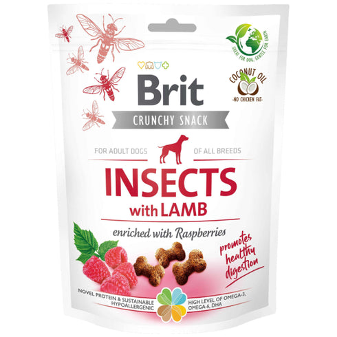 Recompense pentru caini Brit Crunchy Snack Insecte, Miel & Zmeura 200g