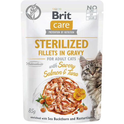 Hrana umeda pentru pisici Brit Care Grain Free Sterilized Fileuri in sos cu somon si ton 85g