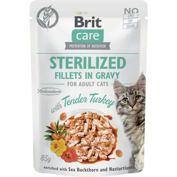 Hrana umeda pentru pisici Brit Care Grain Free Sterilized Fileuri in sos cu curcan 85g