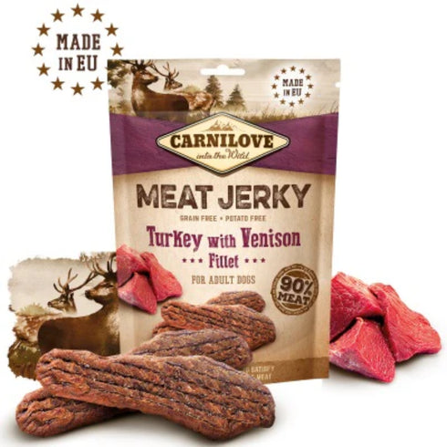 Recompense pentru caini Carnilove Jerky File Curcan & Vanat 100g
