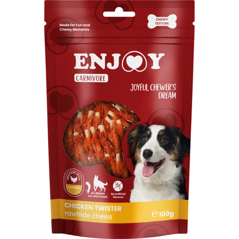 Recompense pentru caini Enjoy Carnivore Chicken Twister Rawhide Chews 100g
