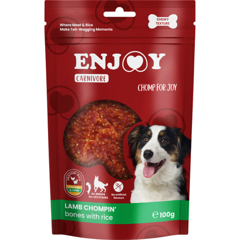 Recompense pentru caini Enjoy Carnivore Lamb Chompin Bones with Rice 100g