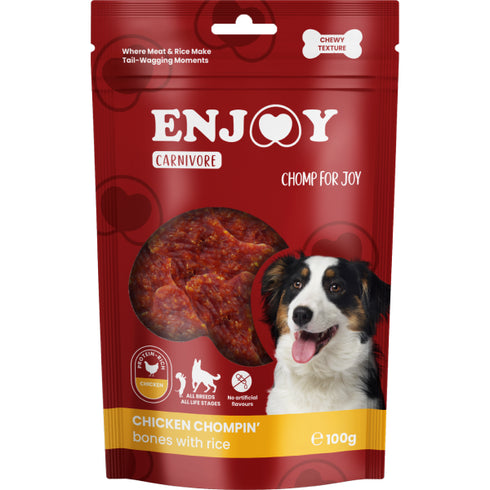 Recompense pentru caini Enjoy Carnivore Chicken Chompin Bones with Rice 100g