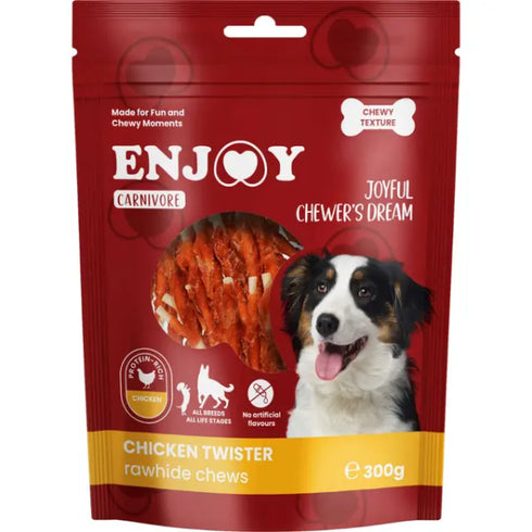 Recompense pentru caini Enjoy Carnivore Chicken Twister Rawhide Chews 300g