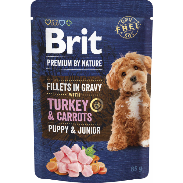 Hrana umeda pentru caini Brit Premium Junior Fileuri de curcan si morcovi in sos 85g