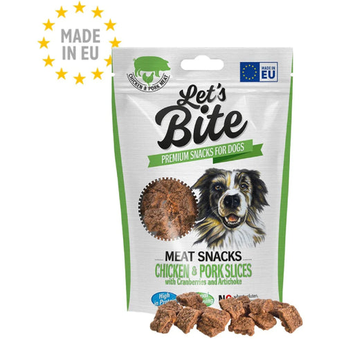 Recompense pentru caini Let's Bite Meat Snacks Felii Pui si Porc 80g
