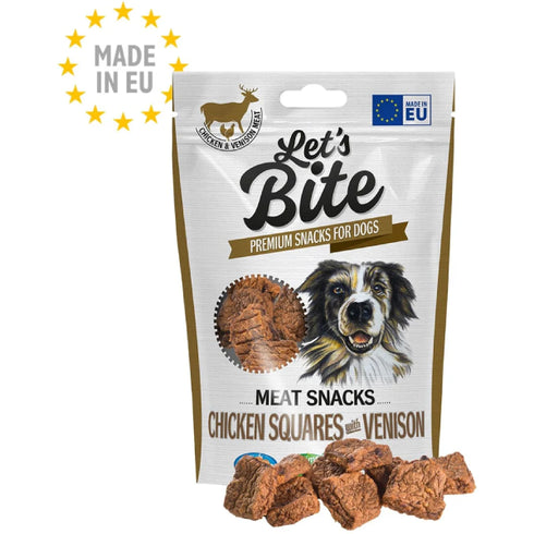 Recompense pentru caini Let's Bite Meat Snacks Bucati Pui cu Vanat 80g