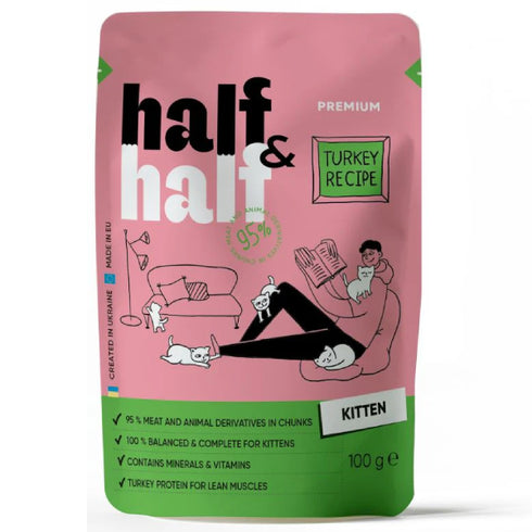 Hrana umeda pentru pisici Half&Half Kitten Bucati curcan in jeleu 100g