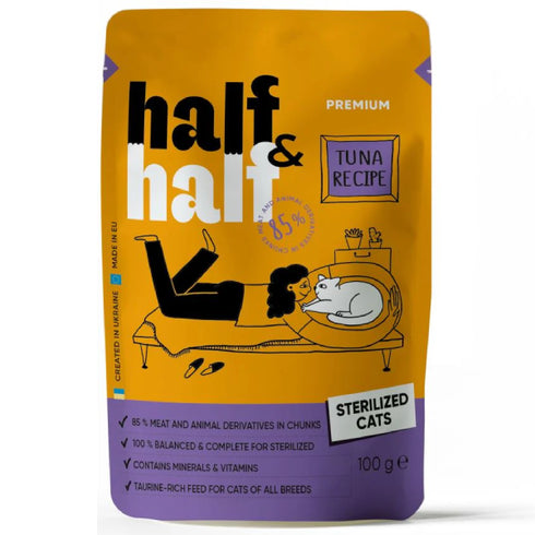 Hrana umeda pentru pisici Half&Half Sterilised Bucati ton in sos 100g