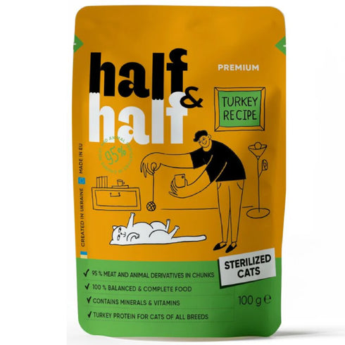 Hrana umeda pentru pisici Half&Half Sterilised Bucati curcan in jeleu 100g