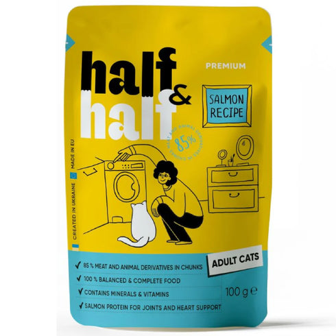 Hrana umeda pentru pisici Half&Half Bucati Somon in jeleu 100g