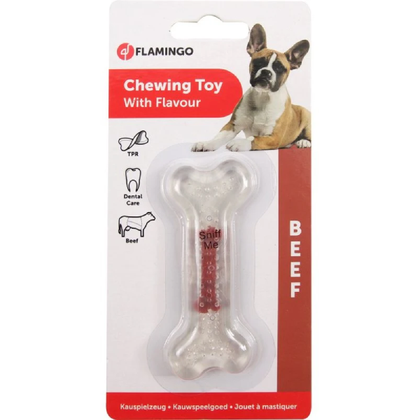 Jucarie pentru caini Flamingo Os transparent cu aroma de vita 8cm
