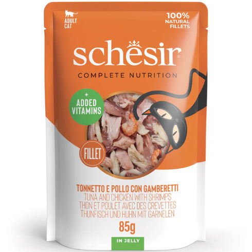 Hrana umeda pentru pisici Schesir Ton, Pui & Creveti 85g