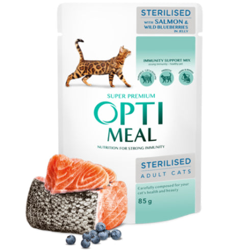 Hrana umeda pentru pisici Optimeal Sterilised Somon si afine Jelly 85g