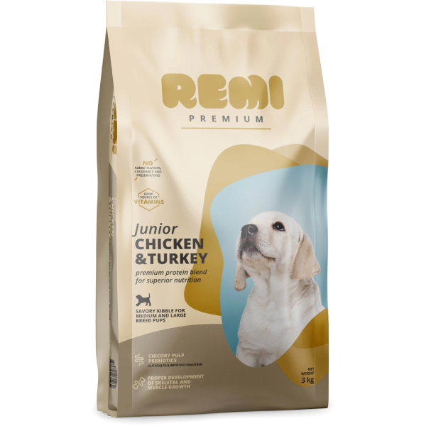 Hrana uscata pentru caini Remi Premium Junior Medium&Large Pui si Curcan 3kg