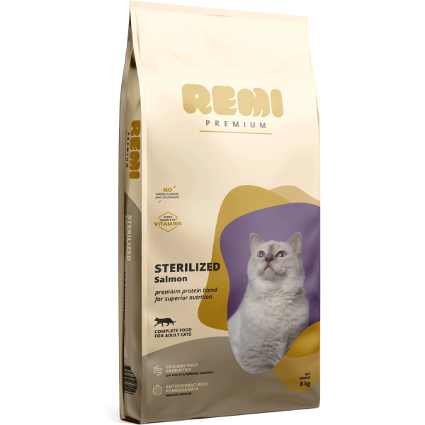Hrana uscata pentru pisici Remi Premium Sterilized Somon 8kg