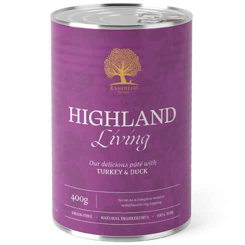 Hrana umeda pentru caini Essential Highland Living Curcan si Rata 400g