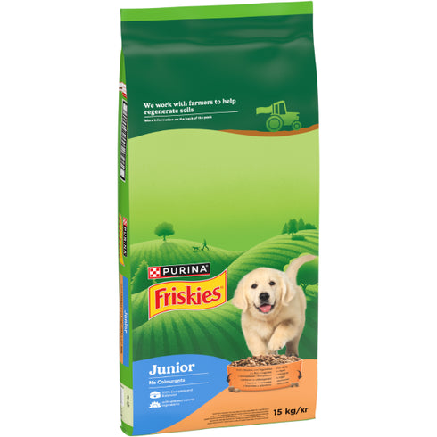 Hrana uscata pentru caini PURINA® FRISKIES® JUNIOR, cu Pui, Legume și Lapte 15kg