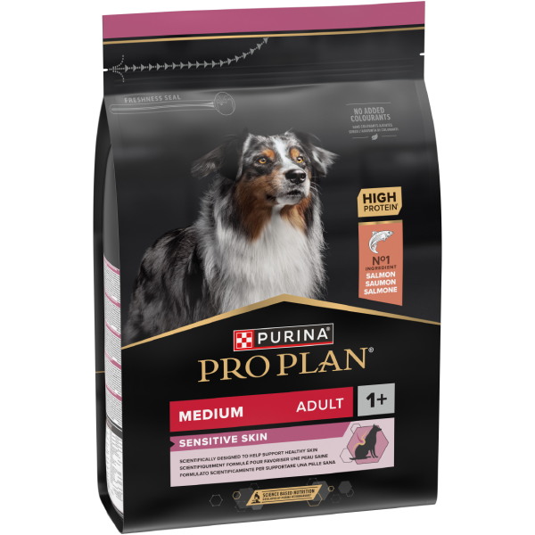 PURINA® PRO PLAN® SENSITIVE SKIN Adult, bogat în somon, talie medie, hrană uscată pentru câini, 3kg
