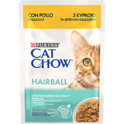 Hrana umeda pentru pisici Purina Cat Chow Hairball Pui si Fasole verde in sos 85g
