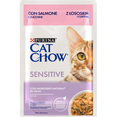 Hrana umeda pentru pisici Purina Cat Chow Sensitive Somon si dovlecei in sos 85g