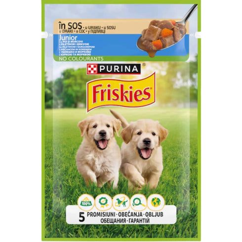 Hrana umeda pentru caini Purina Friskies Junior Pui si morcovi 85g