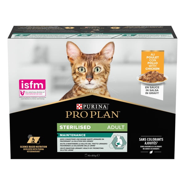 PURINA® PRO PLAN® STERILISED MAINTENANCE Adult, cu Pui în sos, hrană umedă pentru pisici, 10 x 85 g