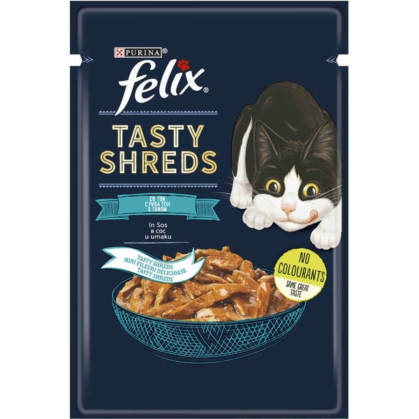 FELIX Tasty Shreds Plic hrana umeda pentru pisici, cu Ton în sos 80g