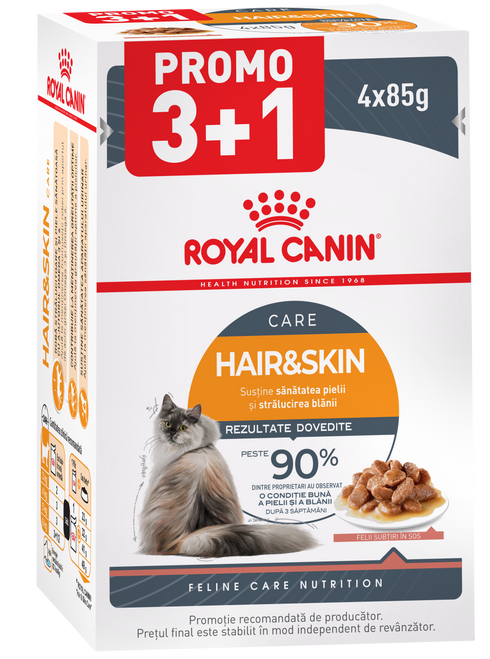 Hrana umeda pentru pisici Royal Canin FCN Hair & Skin Gravy 4x85g PROMO 3+1