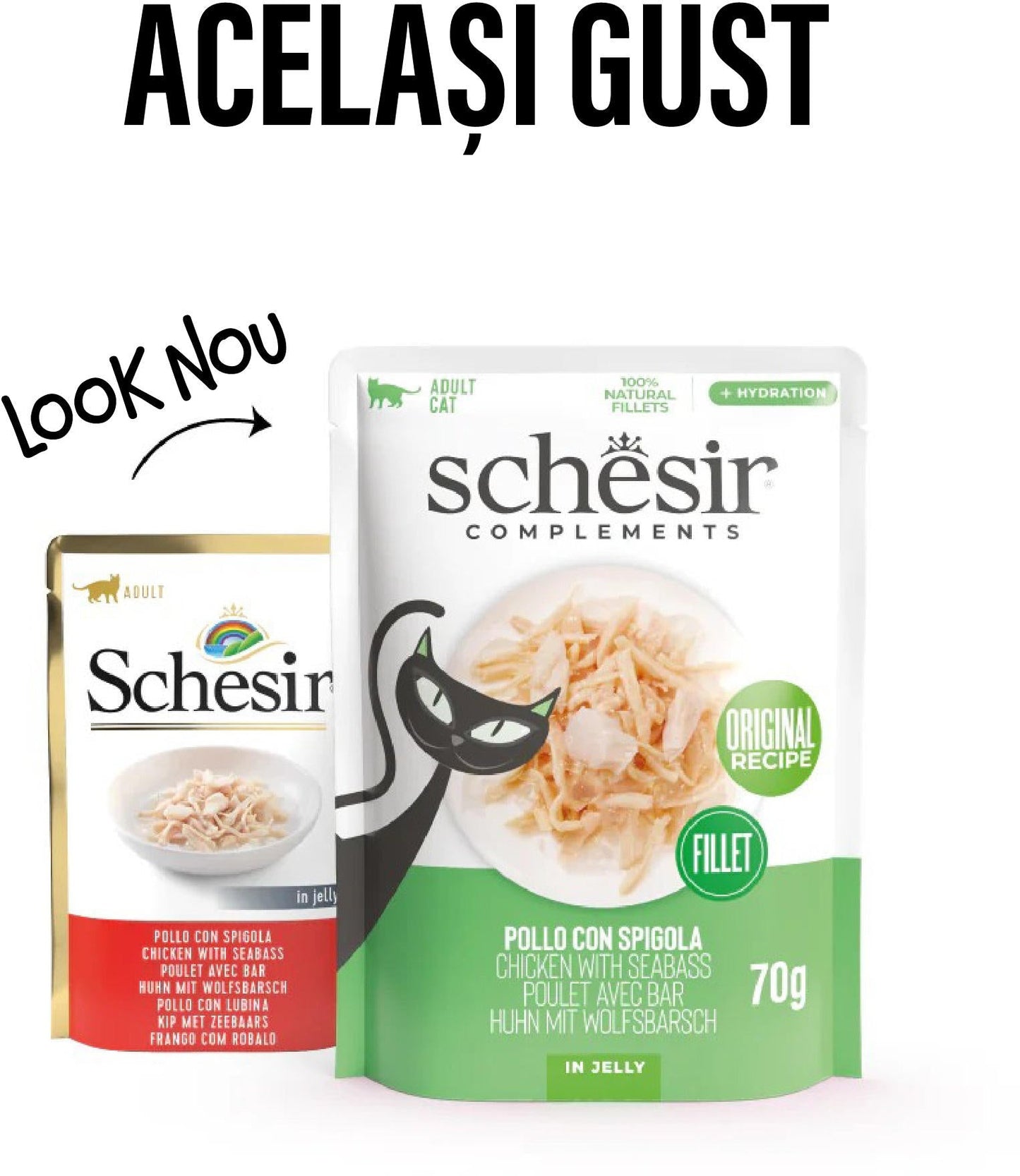 SCHESIR Plic hrana umeda pentru pisici, cu Pui si Biban de mare, în jeleu 70g