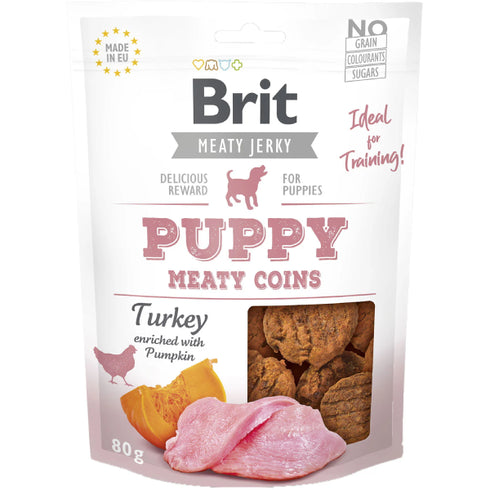 Recompense pentru catei Brit Jerky Puppy Bucatele Curcan si pui 80g