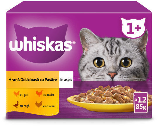 WHISKAS Mix plicuri pisici Adulte, cu Pui/Rata/Pasare/Curcan in aspic 12x85g