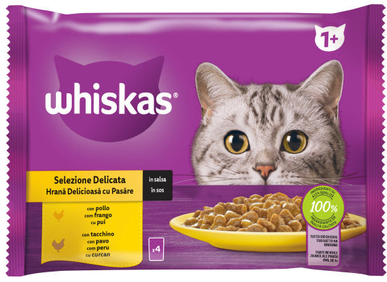 WHISKAS Mix plicuri pisici Adulte, cu Pui/Curcan in sos 4x85g