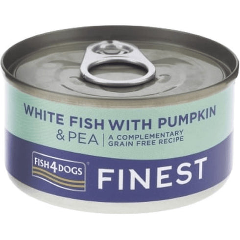 Hrana umeda pentru caini Fish4Dogs Finest Peste alb&Dovleac&Mazare 85g
