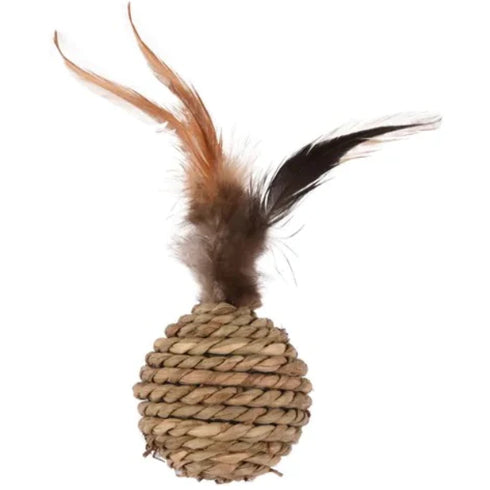 Jucarie pentru pisici Minge din sfoara cu pene si sunet 16cm