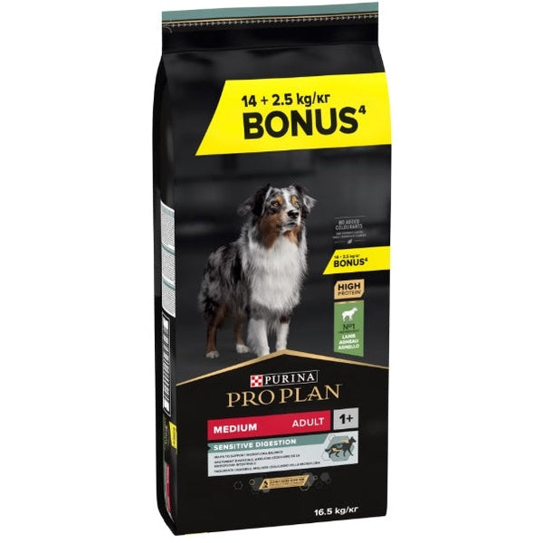 PRO PLAN® SENSITIVE DIGESTION Adult, bogat în miel, talie medie, hrană uscată pentru câini, 14+2.5 kg