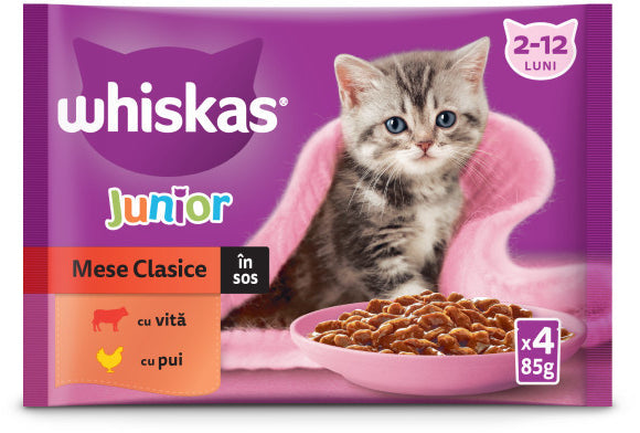 WHISKAS Classic JUNIOR Mix plicuri pisicute, Vita/Pui in sos 4x85g