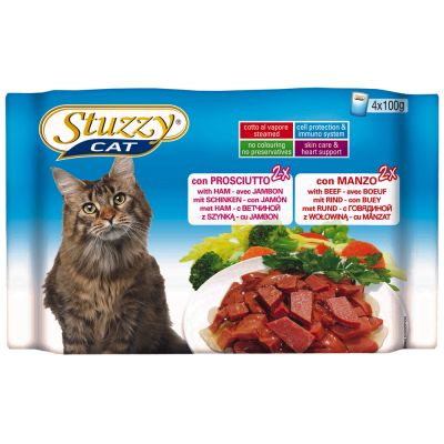 Hrana umeda pentru pisici Stuzzy cu sunca si vita set 4 plicuri X 100 g
