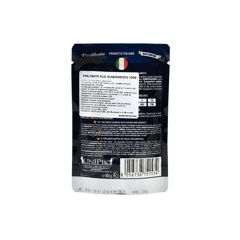 Hrana umeda pentru caini Unipro Prelibato cu pui si morcovi 100g