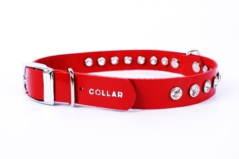 Zgarda rosie din piele Collar cu cristale 27-35 cm