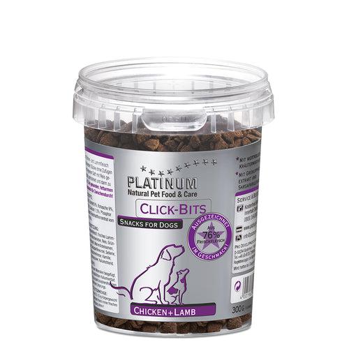 Recompense pentru caini Platinum Click Bits cu pui si miel 300 g