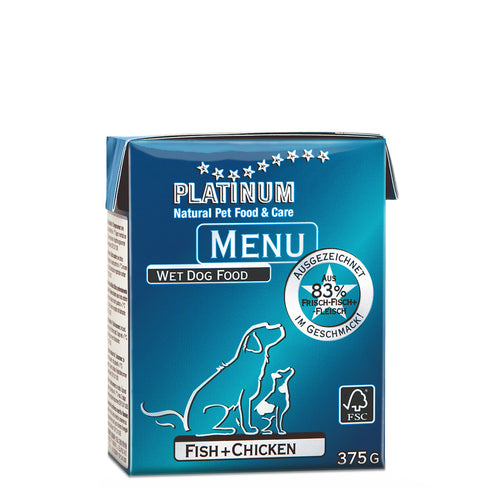 Hrana umeda pentru caini Platinum Adult Menu cu peste si pui 375 g