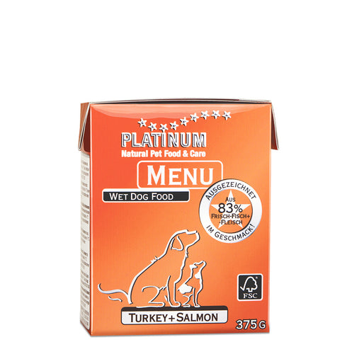 Hrana umeda pentru caini Platinum Adult Menu cu somon si curcan 375 g