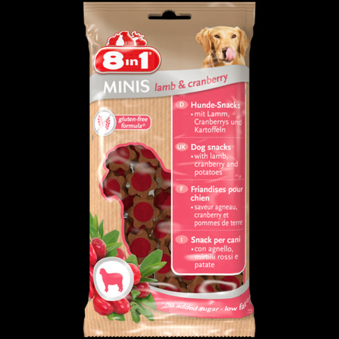 Recompense pentru caini 8in1 minis cu miel si merisoare 100 g