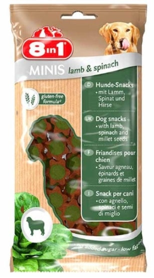 Recompense pentru caini 8in1 minis cu miel si spanac 100 g