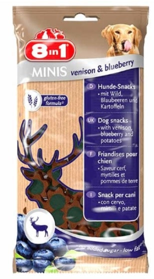 Recompense pentru caini 8in1 minis cu vanat si afine 100 g